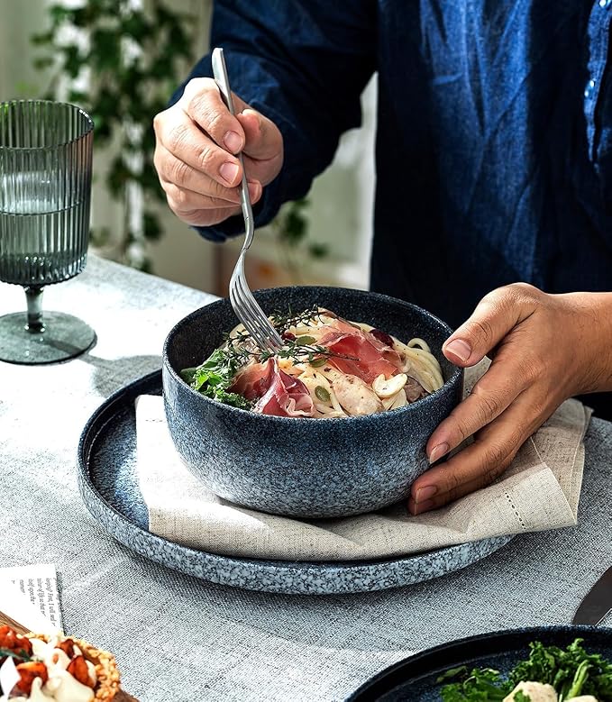 CERAMICS Cereal Bowls - 36 Ounce, Japanese Noodle Bowl Set, Ceramic Bowls for Kitchen, Breakfast, Oatmeal, Microwave and Dishwasher Safe, [Set of 4], Dark Blue