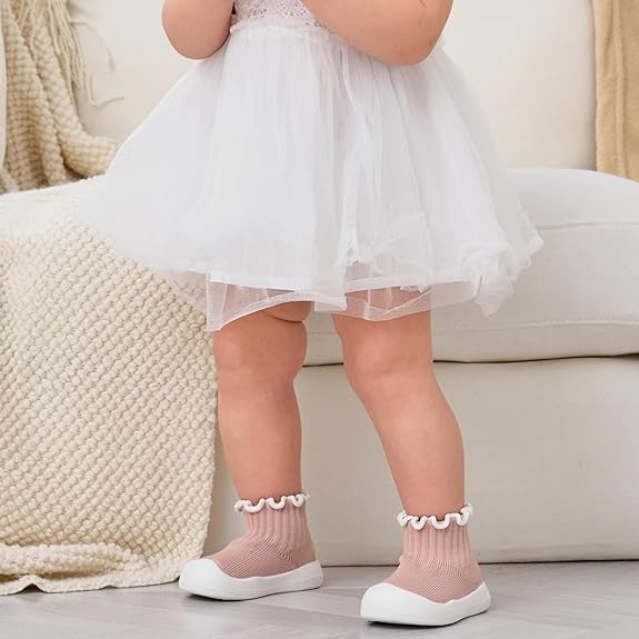 Baby Girl Sock Shoes Toddler Ruffle Walking Shoes Infant Non-Slip Slippers Soft Rubber Sole Sneakers Lightweight Breathable Barefoot Shoes