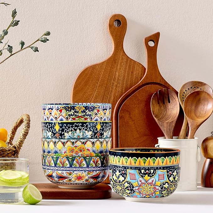 Ceramic Cereal Bowls Set of 6, 28 oz Bohemian Soup Bowl, Colorful Bowls Set for Kitchen, Dessert Bowls for Salad, Pasta, Oatmeal, Ramen, Oatmeal, Fruit, Dishwasher & Microwave Safe