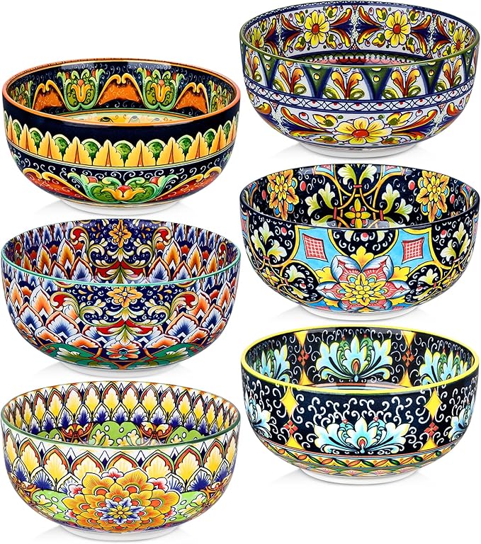 Ceramic Cereal Bowls Set of 6, 28 oz Bohemian Soup Bowl, Colorful Bowls Set for Kitchen, Dessert Bowls for Salad, Pasta, Oatmeal, Ramen, Oatmeal, Fruit, Dishwasher & Microwave Safe