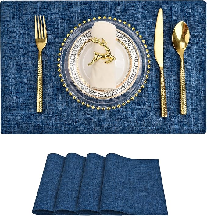 Navy Linen-Look Fabric Placemats Set of 4, Heat Resistant & Machine Washable Double-Layered Cloth Placemats for Dining Table, Indoor/Outdoor Use, Non-Slip Kitchen Table Mats (4, Navy)