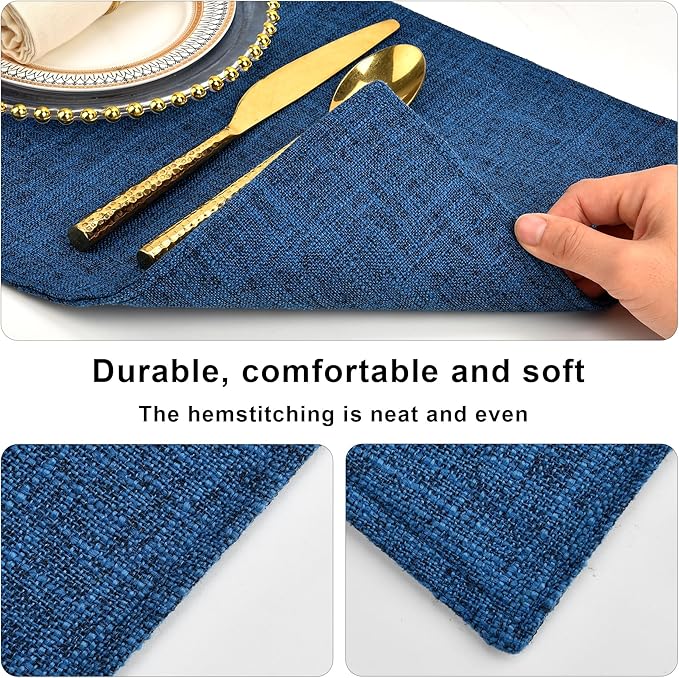 Navy Linen-Look Fabric Placemats Set of 4, Heat Resistant & Machine Washable Double-Layered Cloth Placemats for Dining Table, Indoor/Outdoor Use, Non-Slip Kitchen Table Mats (4, Navy)