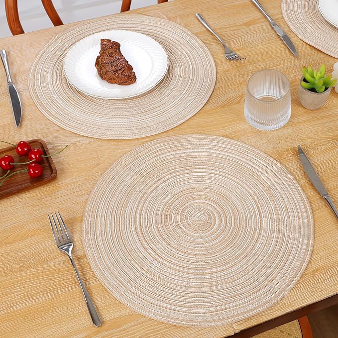 15 inch Round Braided Placemats Set of 6 Non Slip Heat Resistant Cotton Polyester Table Mats Washable Place Mats for Kitchen Dining Party Table Decor (Beige, 6)