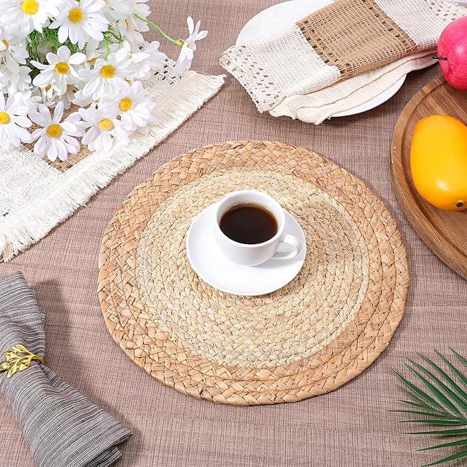 Handmade Boho Placemats Set of 4 - Farmhouse Style Placemats, Natural Cotton Burlap and Water Straw Woven Combination Table Mats, Handmade Round Woven Table Mats for Dining Tables Kitchen