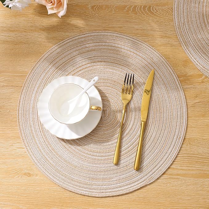 15 inch Round Braided Placemats Set of 6 Non Slip Heat Resistant Cotton Polyester Table Mats Washable Place Mats for Kitchen Dining Party Table Decor (Beige, 6)